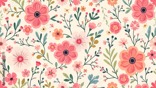 Seamless floral pattern, seamless pattern with poppies, Seamless floral pattern, Floral colorful seamless Pattern. Hand drawn Flowers and branches in Scandinavian style. Spring sum	