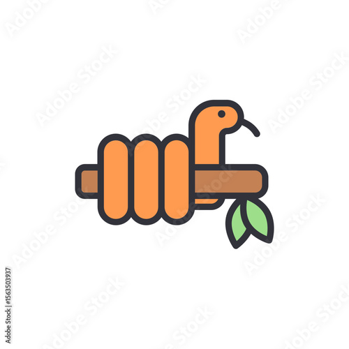 Coiled Serpent Resting Peacefully On Tree Branch With Green Leaves