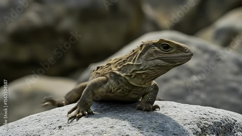 Tuatara Lizard Resting on Rock in Natural Wildlife Scene