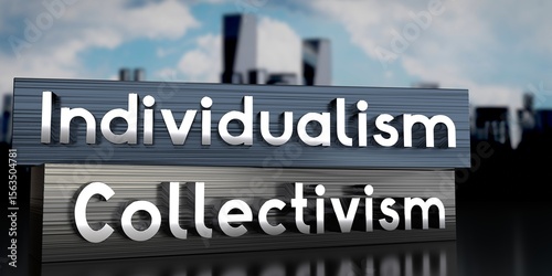 Individualism, collectivism - metal blocks and skyscrapers - 3D illustration