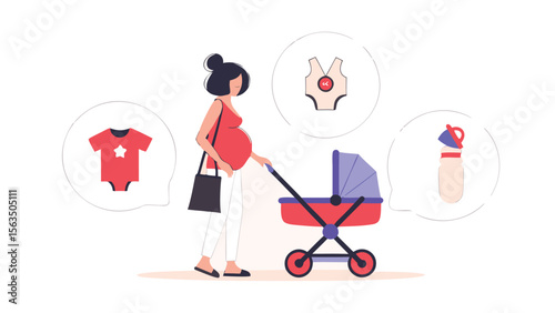 Pregnant woman with stroller surrounded by baby clothing and bottle in thought bubbles design