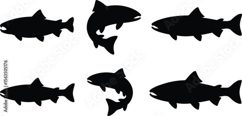 A simple collection of salmon fish silhouette vector graphics, showing jumping and swimming poses for a minimal logo or icon design.