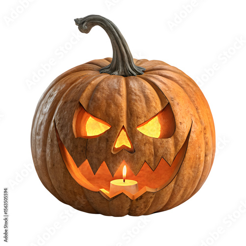 Spooky Jack-o'-Lantern Glow: A carved pumpkin, a symbol of Halloween, sits prominently. Glowing from within by a candle. It's eerie and festive, the pumpkin's face carved with a sinister grin.