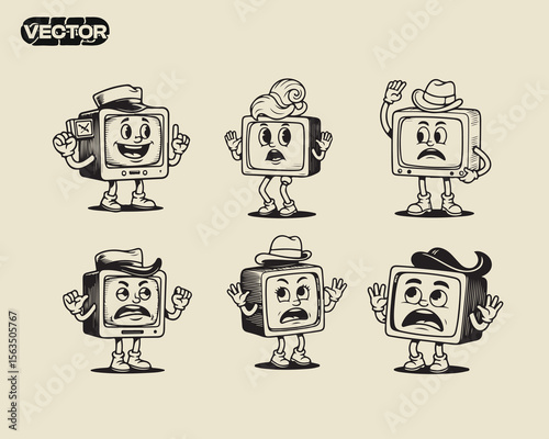 Vintage Television Cartoon Characters Retro TV Set Illustrations