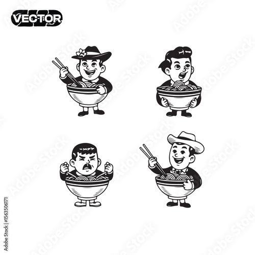 Retro Vintage Illustration Four Happy People Enjoying Delicious Noodle Bowls