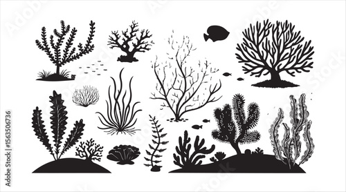 Variety of coral and seaweed shapes in dark silhouette style for ocean habitat artwork.

