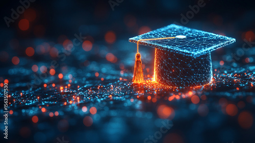 Digital graduation cap on glowing particles, education background
