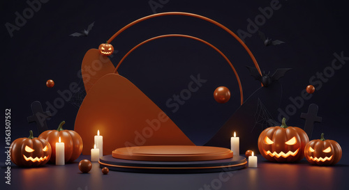 A dark, stylized Halloween scene with glowing pumpkins, flying bats, and curved podium elements.