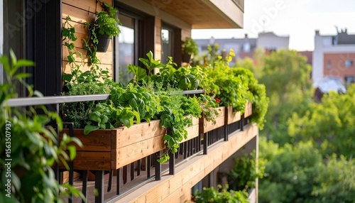 Narrow city balcony turned into a green retreat with layered plants, reclaimed wood planters, and ivy-covered railings