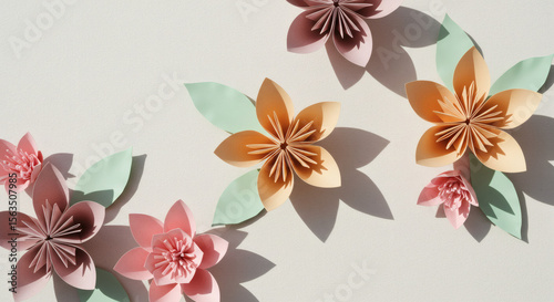 Elegant folded paper flowers in soft tones, beautifully lit with natural shadow.
