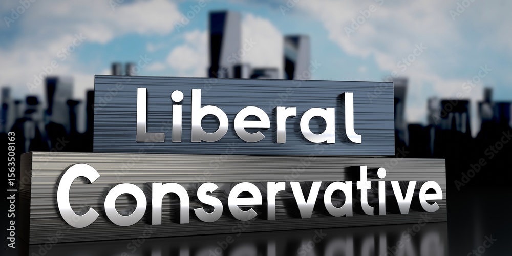 Obraz premium Liberal, conservative - metal blocks and skyscrapers - 3D illustration