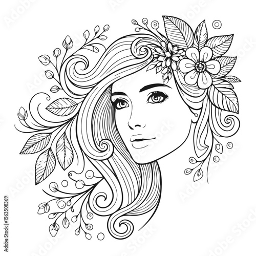 A beautiful vector illustration of a girl with flowers, her long hair and delicate face showcasing glamour and artistic style