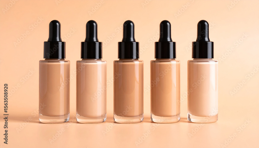 Obraz premium Foundation bottles arranged by skin tone on gradient background. Diversity in beauty.