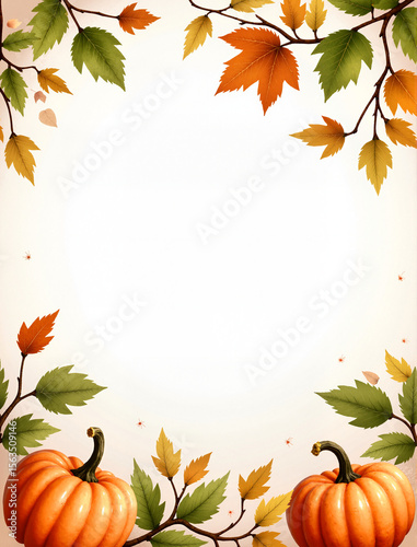 Autumn background with pumpkins and colorful leaves with autumnal decoration. Autumn background includes traditional pumpkins and fall foliage, creating warm and inviting atmosphere.