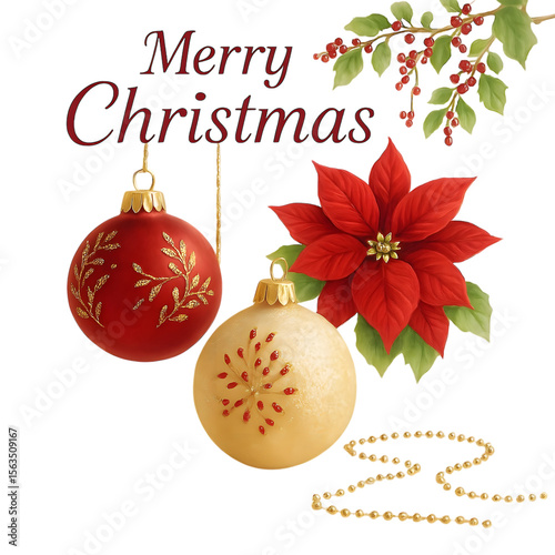 Merry Christmas Clipart with Ornaments and Poinsettia – Festive Red and Gold Holiday Elements with Holly and Garland in Elegant Flat Lay
