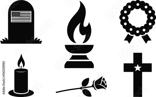A set of six funeral and memorial tribute silhouette vector icons, including a grave, cross, wreath, candle, rose, and flame.