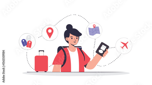 Illustration of a traveler planning a trip with a phone and surrounded by travel icons