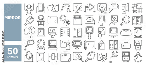 Set of 50 line icons related to mirror, reflection, shiny, frame, glass, hand mirror, Editable stroke. Vector illustration