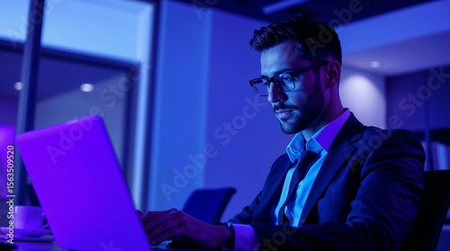 Businessman using a laptop while working late in his office