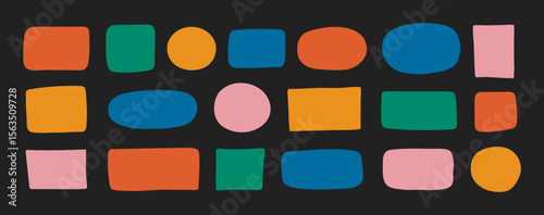 Hand-Drawn irregular geometric forms set. Colorful rectangle shapes, circle text box doodle elements.