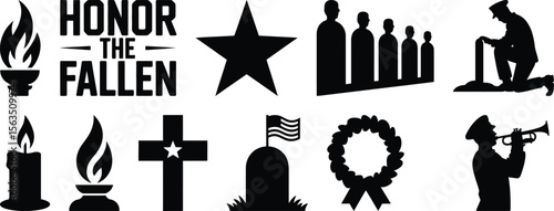 A collection of 'honor the fallen' memorial day silhouette vector graphics, including a soldier, bugler, grave, and torch.
