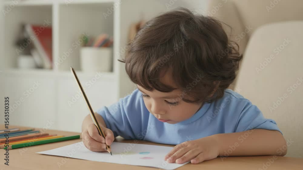 Child drawing at a desk with colored pencils in creative setting