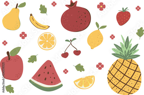 Fruit vector flat illustration. Colorful set illustration of assorted produce including strawberry, banana, watermelon, and apple
