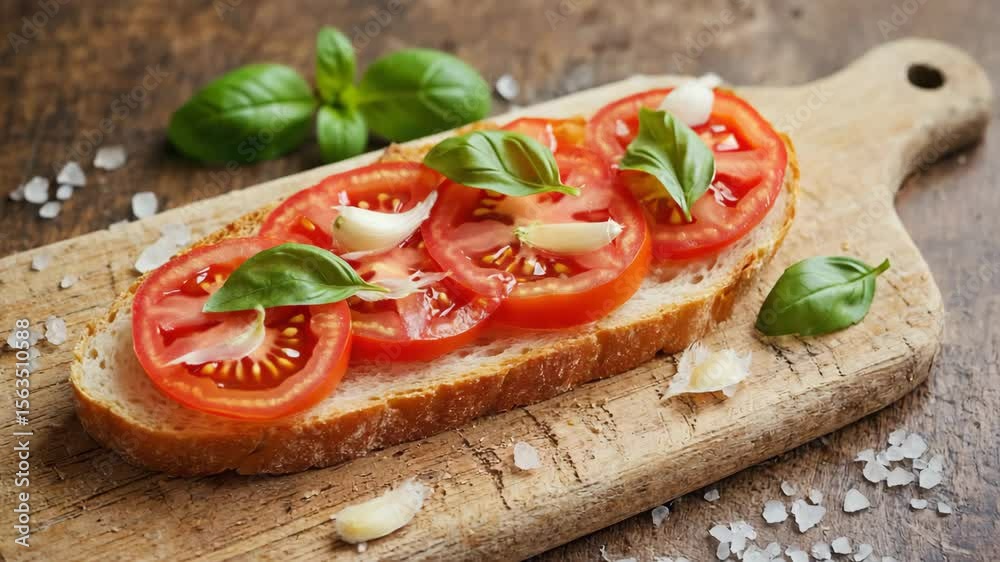Pan con tomate, close-up of crusty bread with fresh tomato, garlic, and basil, Mediterranean vibe, rustic and fresh
