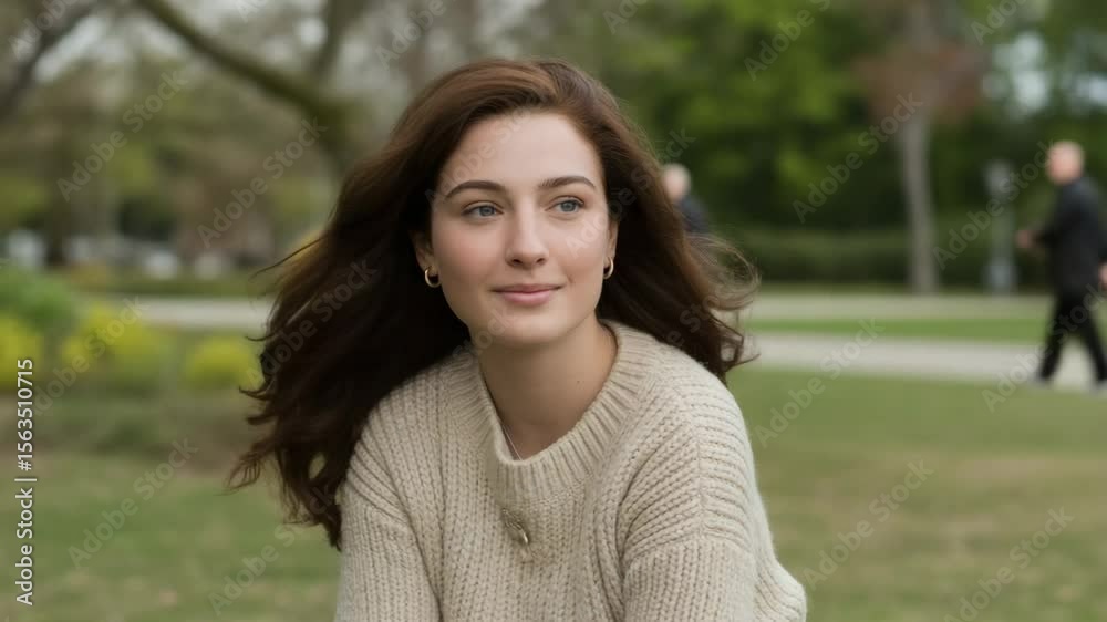 Smiling woman in sweater enjoying nature in city park Smiling woman in sweater enjoying nature in city park