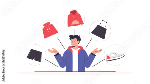 Man presenting floating apparel items including hoodies shorts skirt and a sneaker with open hands