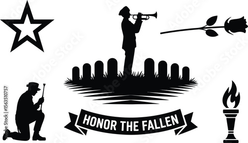 A set of 'honor the fallen' military tribute silhouette vector elements, including a kneeling soldier, bugler, and cemetery.