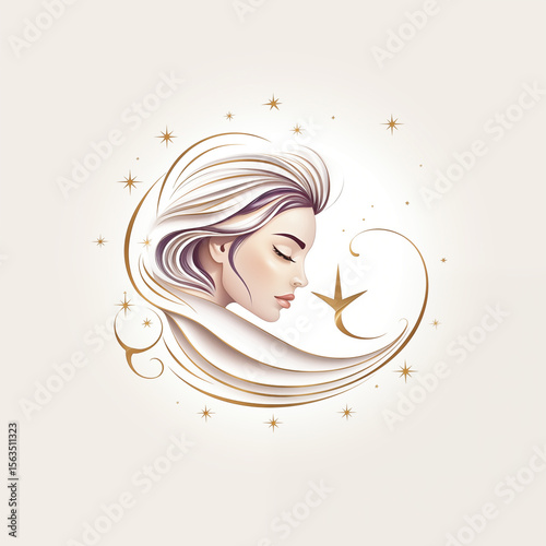 Elegant beauty logo with female silhouette forming crescent shape and stars, gold lines on white background
