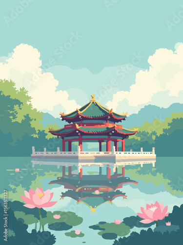 Summer Palace lakeside pavilion with lotus-filled water in sky blue, temple gold, cherry red, and willow green