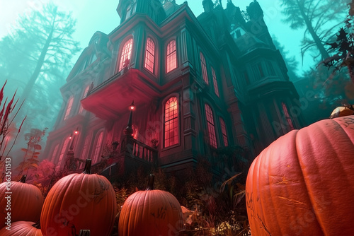 A haunted house with pumpkins in a spooky forest