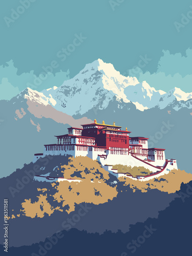 Potala Palace perched above Lhasa in red and white tiers, deep blue sky, and Himalayan mountain gray