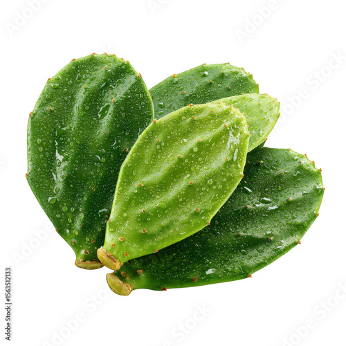 Four fresh green prickly pear cactus pads covered in water droplets isolated on transparent background