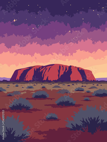 Uluru at dusk glowing in ochre red-orange against desert beige sands, twilight purple sky, and sage green shrubs