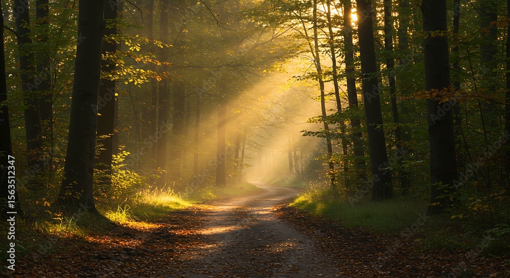 Naklejka premium Sunlit Forest Path with Golden Rays Illuminating the Autumnal Landscape