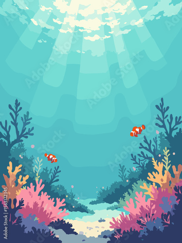 Great Barrier Reef underwater scene with coral pink, seafoam green, turquoise blue, and clownfish orange highlights