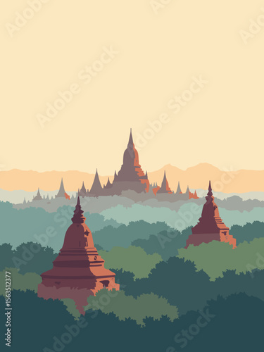 Bagan Temple Complex under morning mist with brick red stupas, fog white haze, temple brown, and lush green patches
