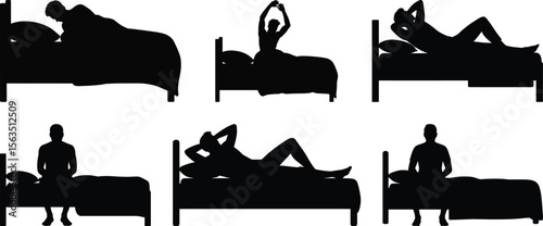 A collection of silhouette vector graphics showing a person sleeping, waking up, stretching, and relaxing in a bed.