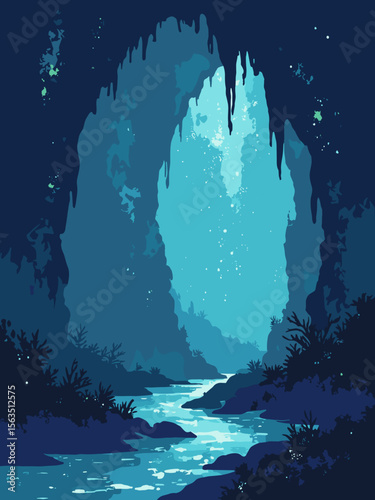 Waitomo Glowworm Caves sparkling in the dark with glowing aqua blue lights, cave gray, black shadows, and shimmer teal