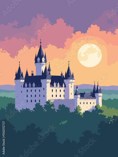 Château de Chambord’s elegant towers under a golden sunset in limestone cream, forest green, and violet dusk sky