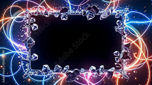Think of an animated experience where the Sharp shattered glass Border Frame with radiant shards pulses with energy, surrounded by swirling ribbons of light in a spectrum of colors,