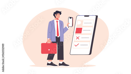 Man in suit holding phone and briefcase stands next to a large smartphone interface with checkmarks