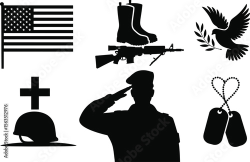 A collection of patriotic memorial day silhouette vector icons with a saluting soldier, american flag, and battlefield cross.