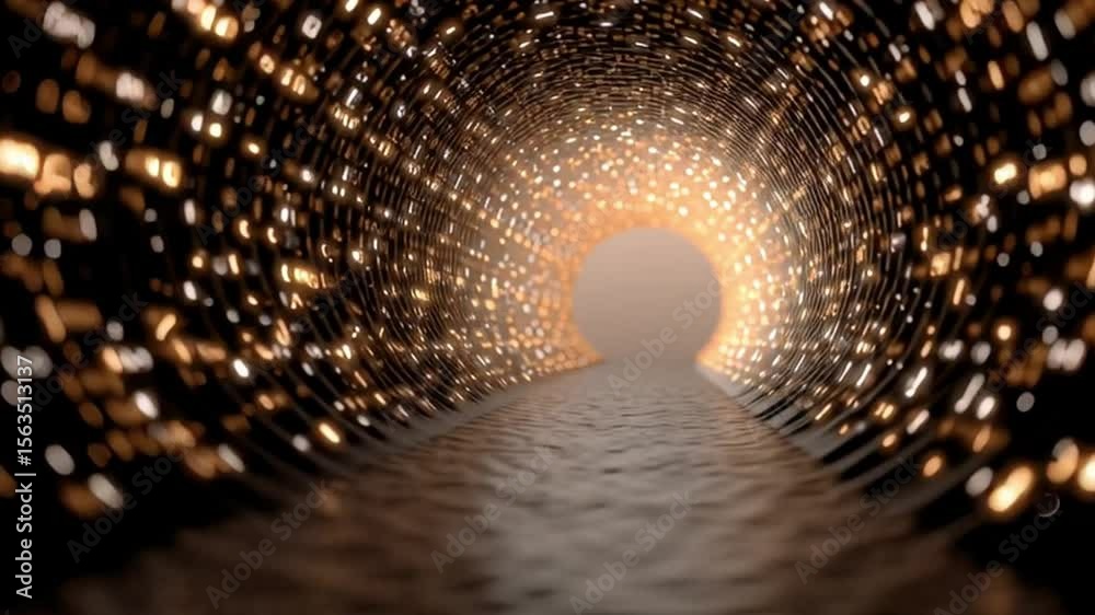Exploration of mesmerizing tunnel with glowing lights and shimmering reflections on water, creating ethereal atmosphere and enhancing depth and mystery.