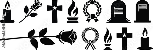 A large collection of funeral and memorial tribute silhouette vector icons including a candle, rose, cross, and grave.
