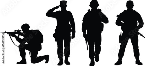 A set of four military soldier silhouette vector graphics in various combat and formal poses like saluting and aiming a rifle.