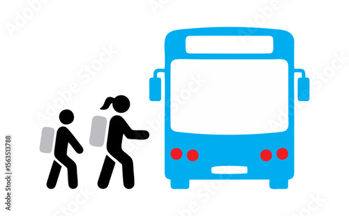 School Bus Icons. Black and White Vector Icons. School Bus with Driver and Schoolchild with Backpack. Education and School Concept